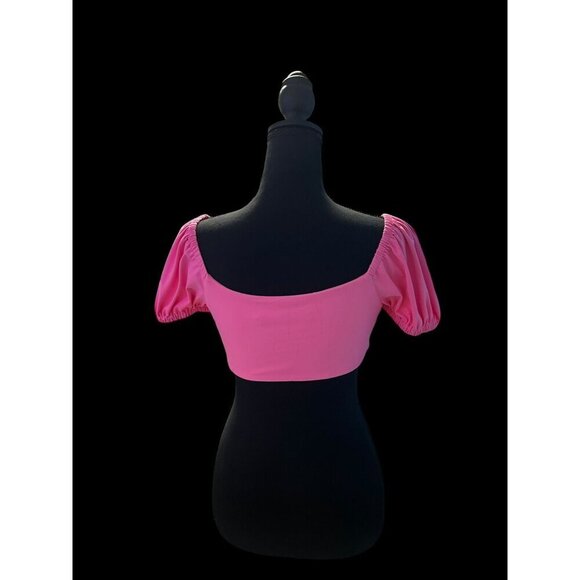 Susana Monaco Pink Short Sleeve Tie-Front Crop Top, Ballon Sleeve, Summer, beach - Picture 6 of 7